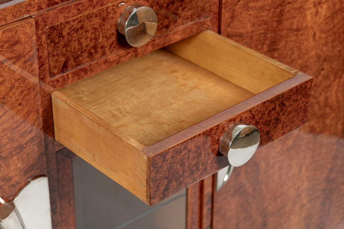 French Art Deco Amboyna Burl Sideboard or Bar Cabinet with Marble Top, Circa 1930