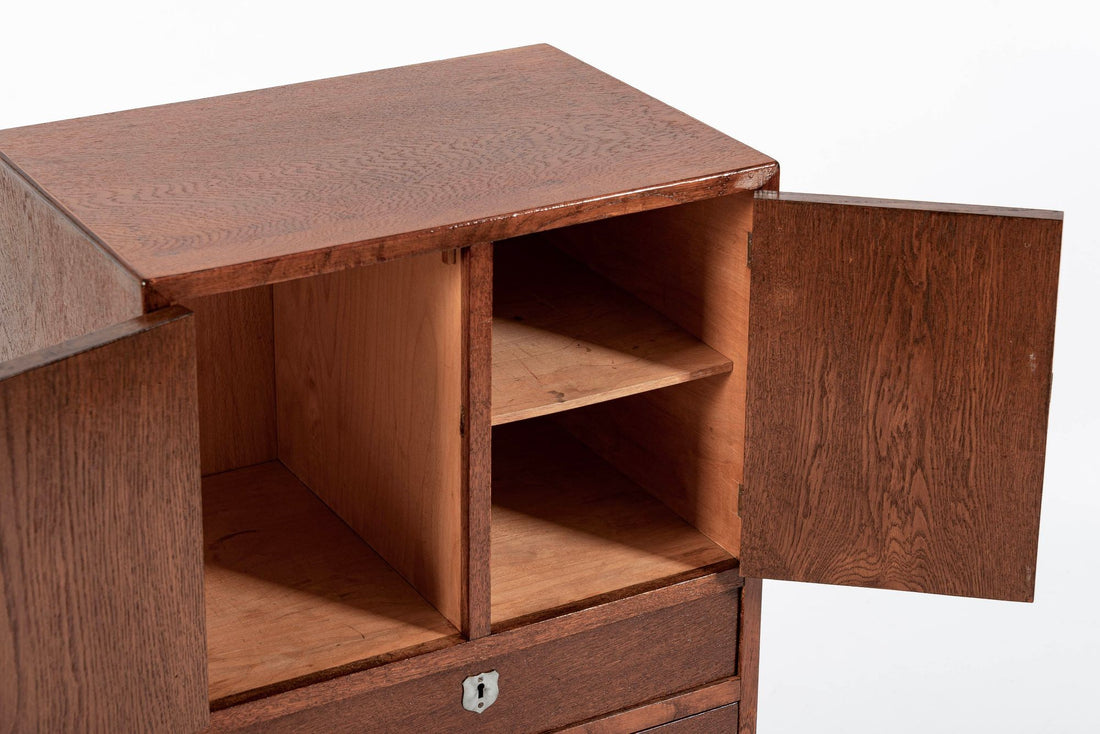 Antique Art Deco Scandinavian Small Oak Wood Side Cabinet or Nightstand 1950s