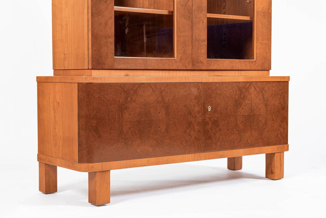 Art Deco Cherry & Burl Wood Display China or Bar Cabinet 1930s