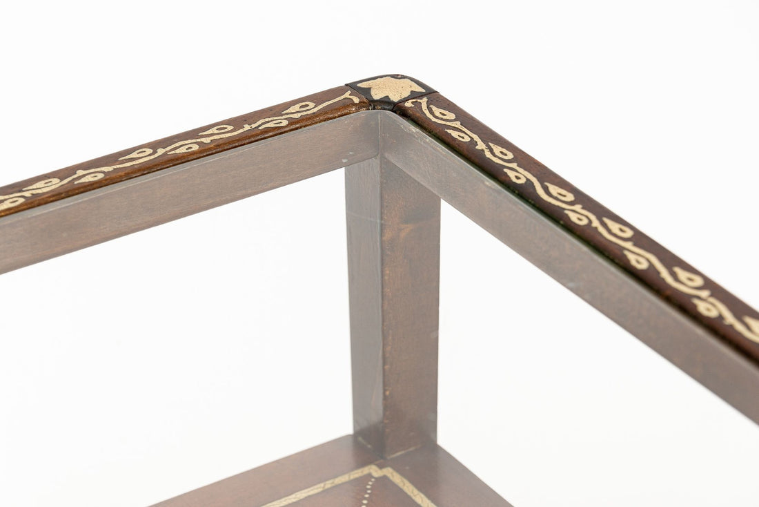 Antique French Art Nouveau Small Handpainted Mahogany Wood & Glass Side Table