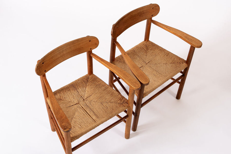 Mid Century Danish Wood & Rush Wicker Dining Chairs