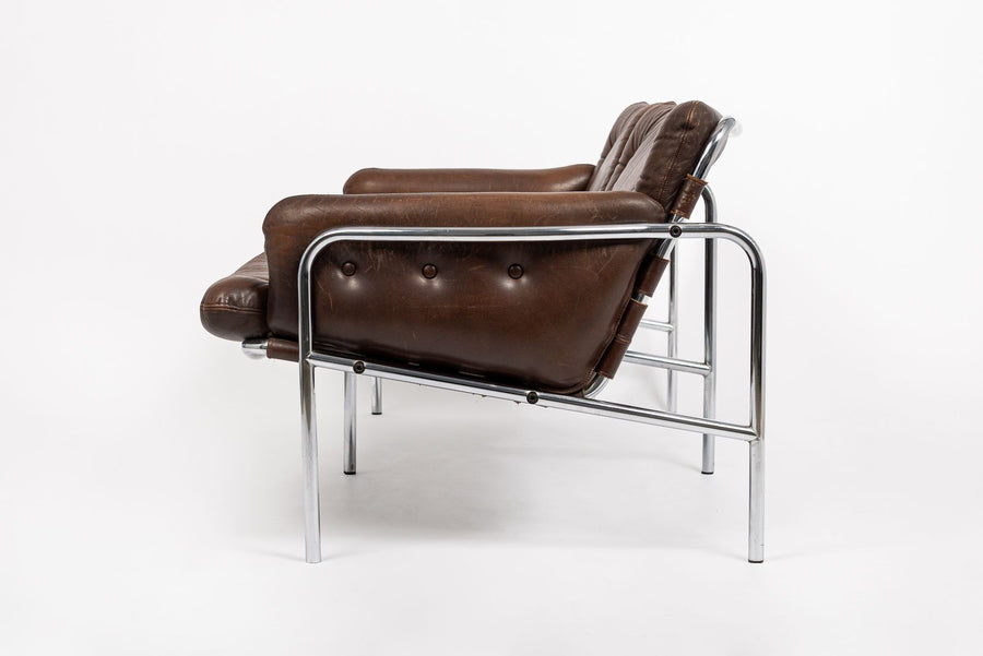 Mid Century Modern Brown Leather Loveseat Sofa 1970s
