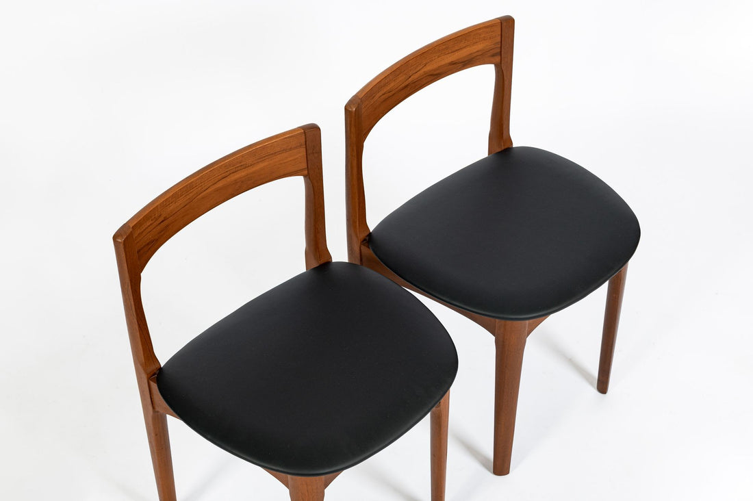 Mid Century Danish Teak Wood & Black Vinyl Dining Chairs, Set of 4