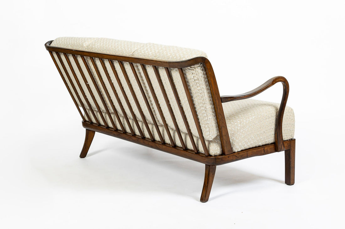 Danish Modern Solid Walnut Spindle Back Sofa in Schumacher Fabric, Circa 1960