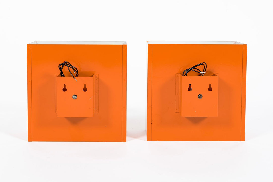 Vintage Mid Century French Orange Metal Wall Light Sconces by Disderot (attr)