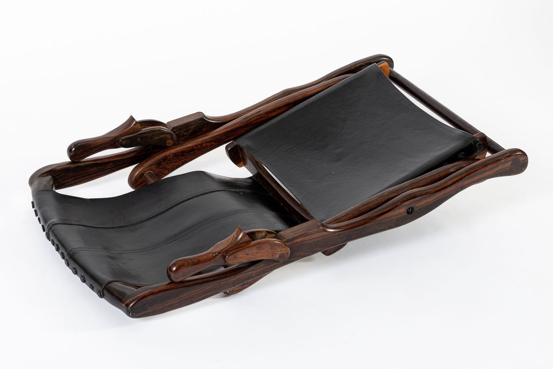 Mid Century Rosewood & Black Leather Folding Lounge Chair by Don Shoemaker