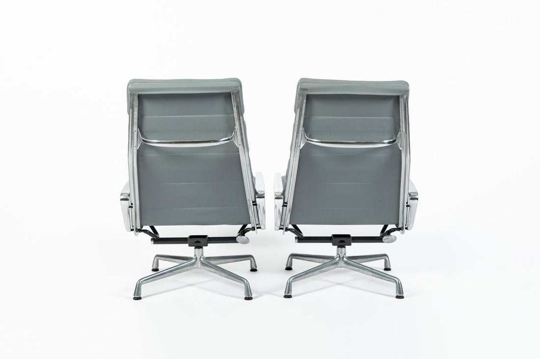 Pair Eames Soft Pad Recliners with Ottoman for Herman Miller, Gray Leather Aluminum Group