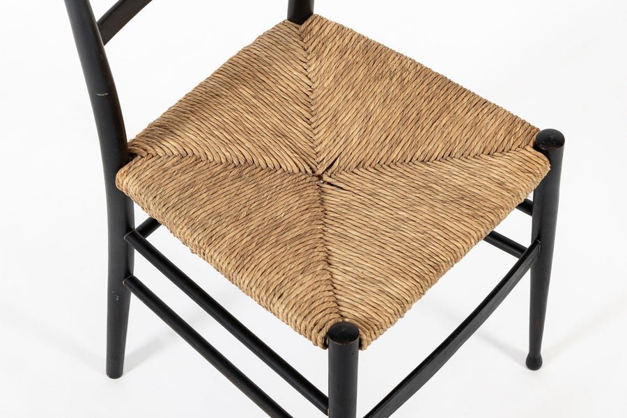 Vintage Mid Century Black Wood and Rush Wicker Dining Chair