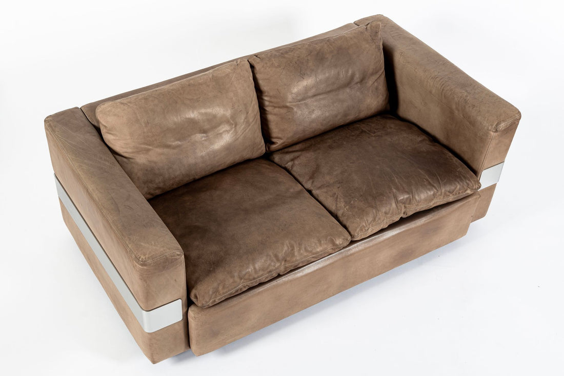 Mid Century German Distressed Brown Leather Sofa in the Style of Robert Haussmann