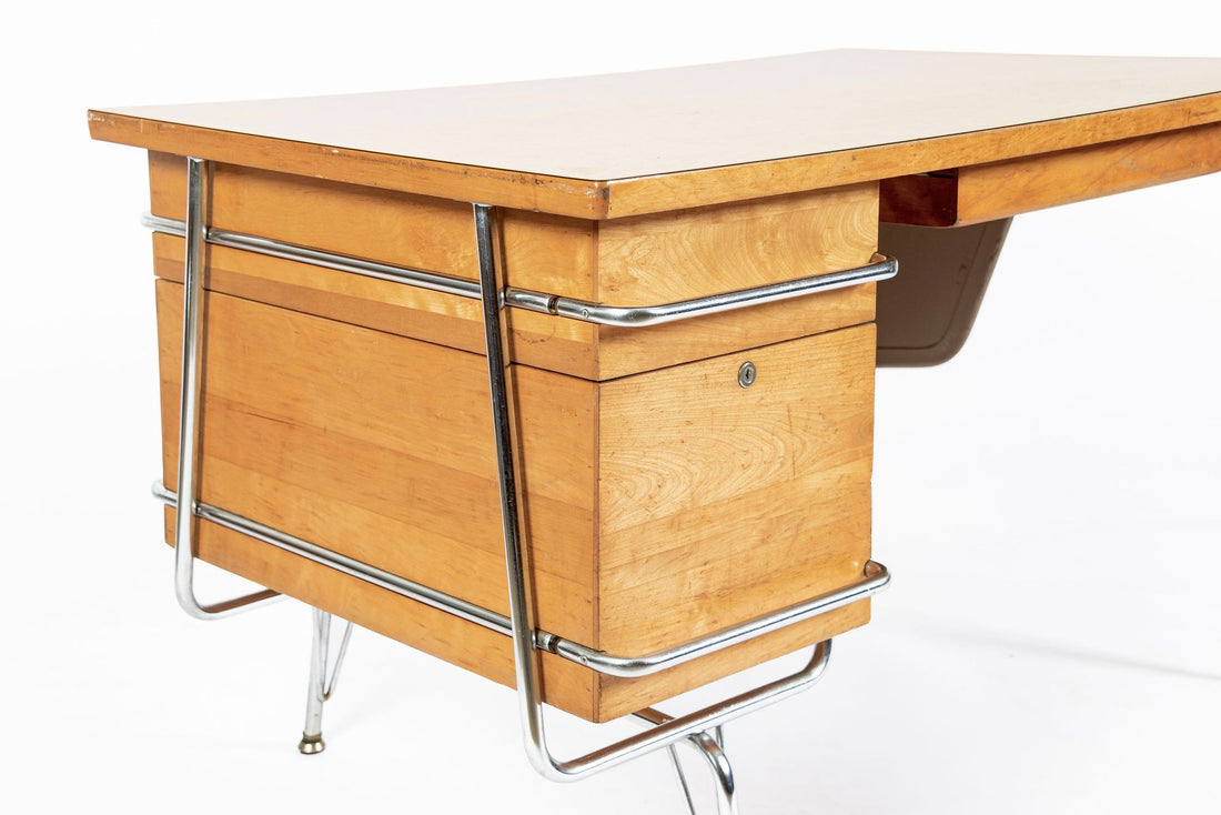 Kem Weber Trimline Desk for Heywood Wakefield, Mid Century Modern Birch and Chrome Office Desk, 1950s