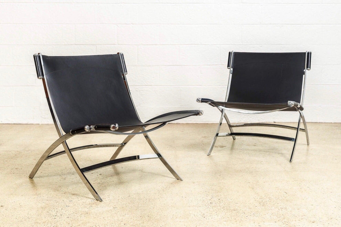 Vintage Postmodern Black Leather and Chrome Lounge Chairs by Antonio Citterio