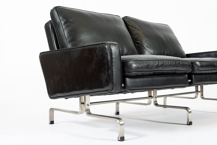 Vintage Postmodern Black Leather & Brushed Steel Loveseat Sofa, 1980s