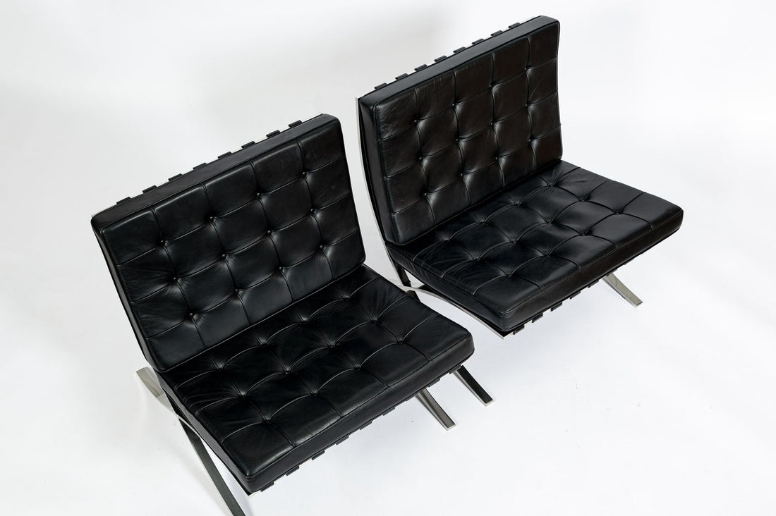Pair Mid Century Black Leather Barcelona Chairs by Mies van der Rohe for Knoll, 1977