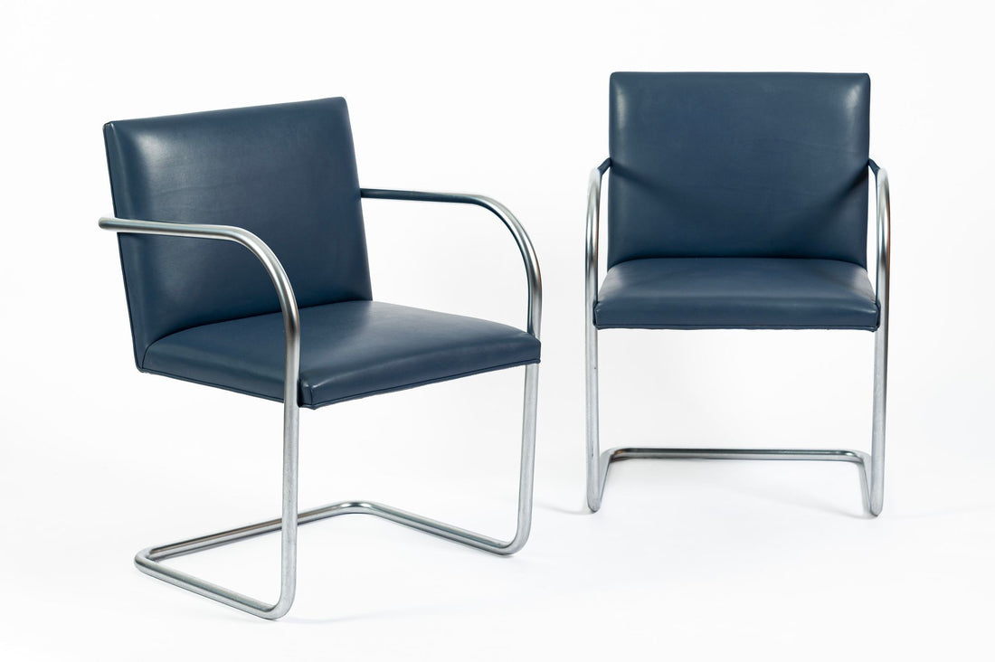 Mid Century Modern Blue Leather Brno Arm Chairs by Mies van der Rohe for Knoll, Set of 4