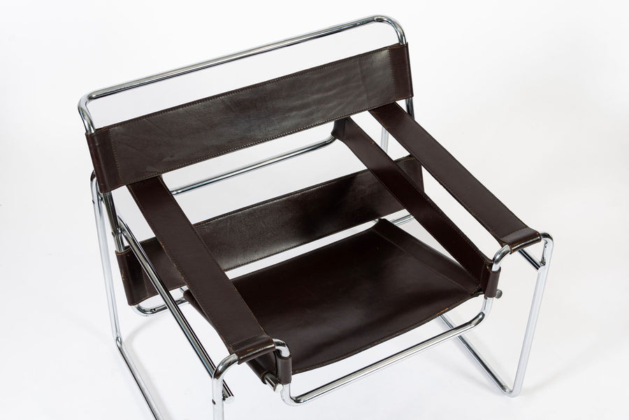 Mid Century Dark Brown Leather Wassily Arm Chairs by Marcel Breuer for Knoll, Signed, 1960s