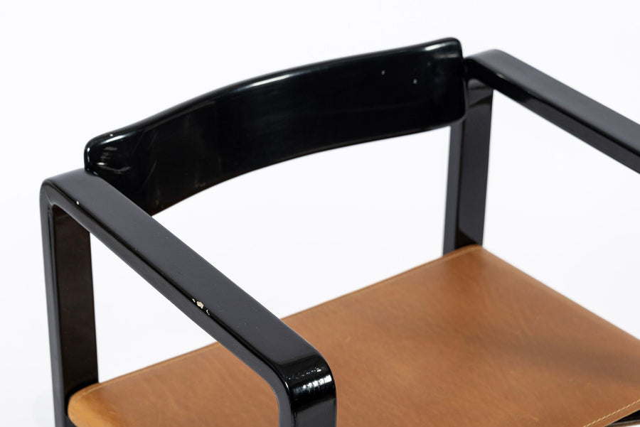 Mid Century Modern Black Lacquer and Brown Leather Arm Chairs 1970s