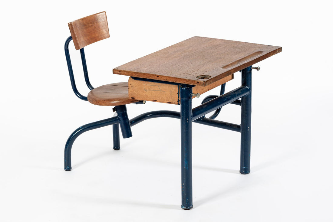 Vintage Antique Wood & Metal Child’s School Desk and Chair in the Style of Jean Prouvé