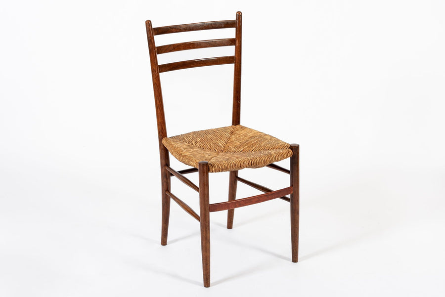 Vintage Rustic Modern Wood and Rush Wicker Dining Chairs, Set of 4