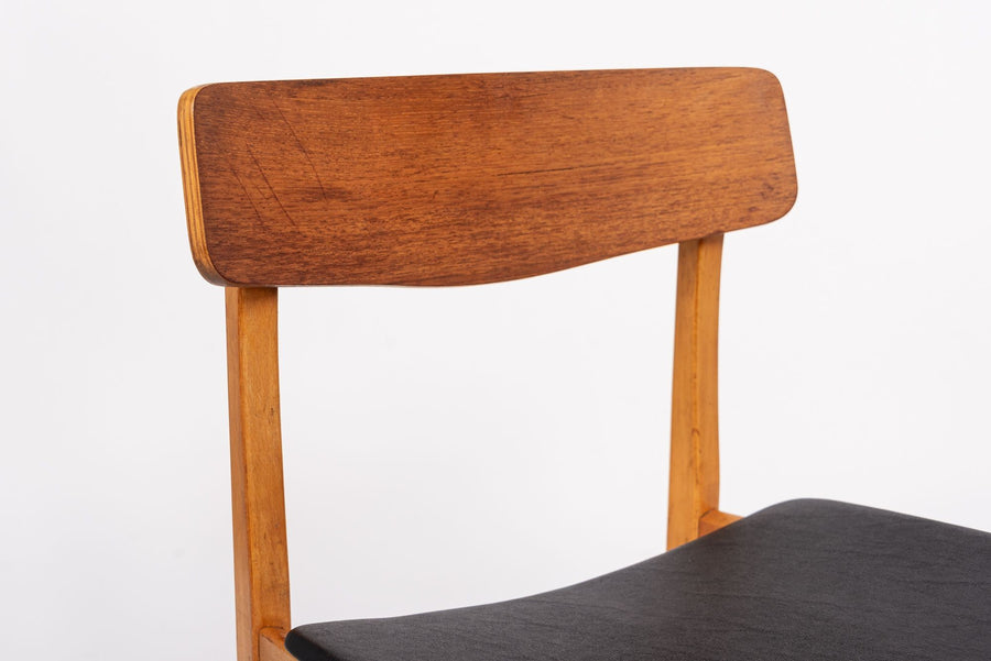 Mid Century Danish Teak Wood & Black Vinyl Dining Chairs