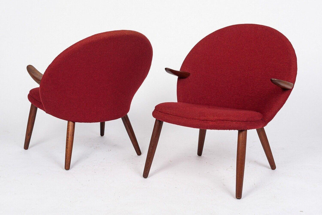 Danish Mid Century Modern Red Upholstery Lounge Chairs by Kurt Olsen, 1960s