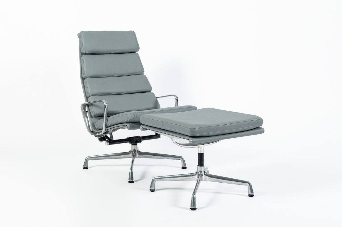 Eames Soft Pad Recliner with Ottoman for Herman Miller, Gray Leather Aluminum Group