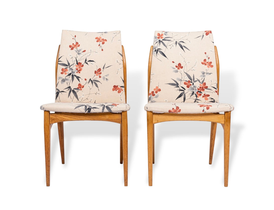 Mid Century Danish Wood Side Chairs with Floral Fabric, 1950s