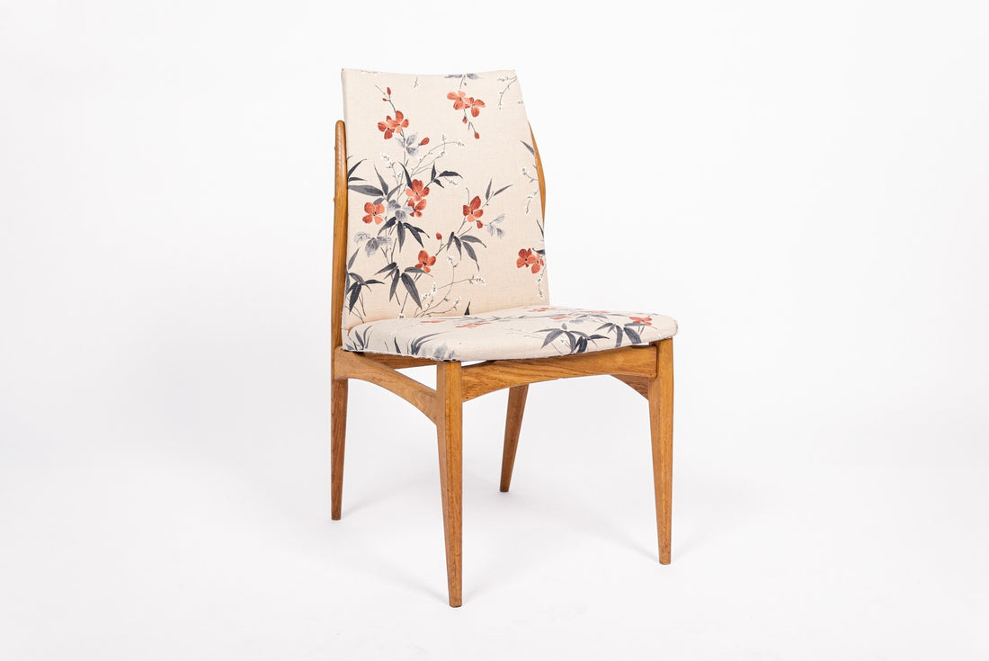 Mid Century Danish Wood Side Chairs with Floral Fabric, 1950s