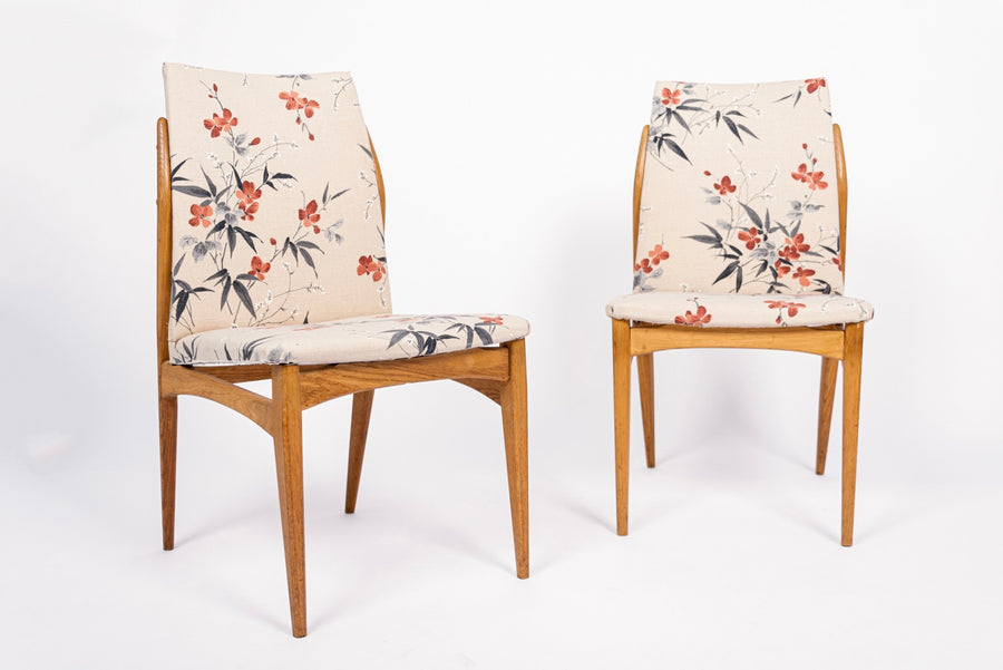Mid Century Danish Wood Side Chairs with Floral Fabric, 1950s