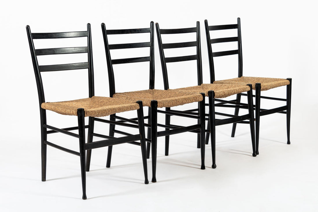 Vintage Mid Century Black Wood and Rush Wicker Dining Chairs