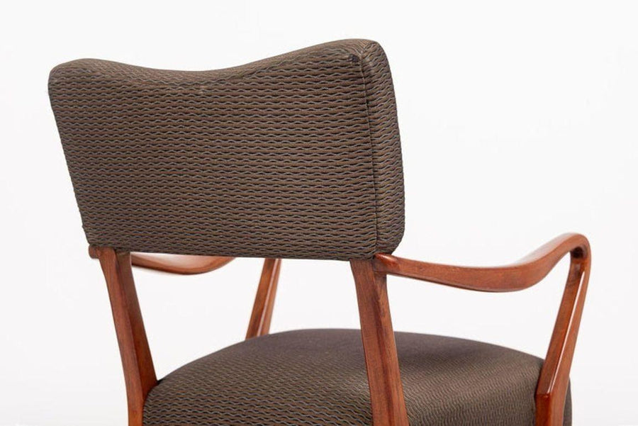 Pair of Mid Century Modern Wood & Brown Upholstered Arm Chairs, 1950s