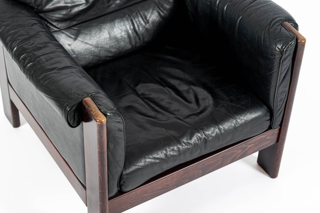 Mid Century Danish Black Leather Lounge Chair in Style of Arne Norell, Matching Sofa