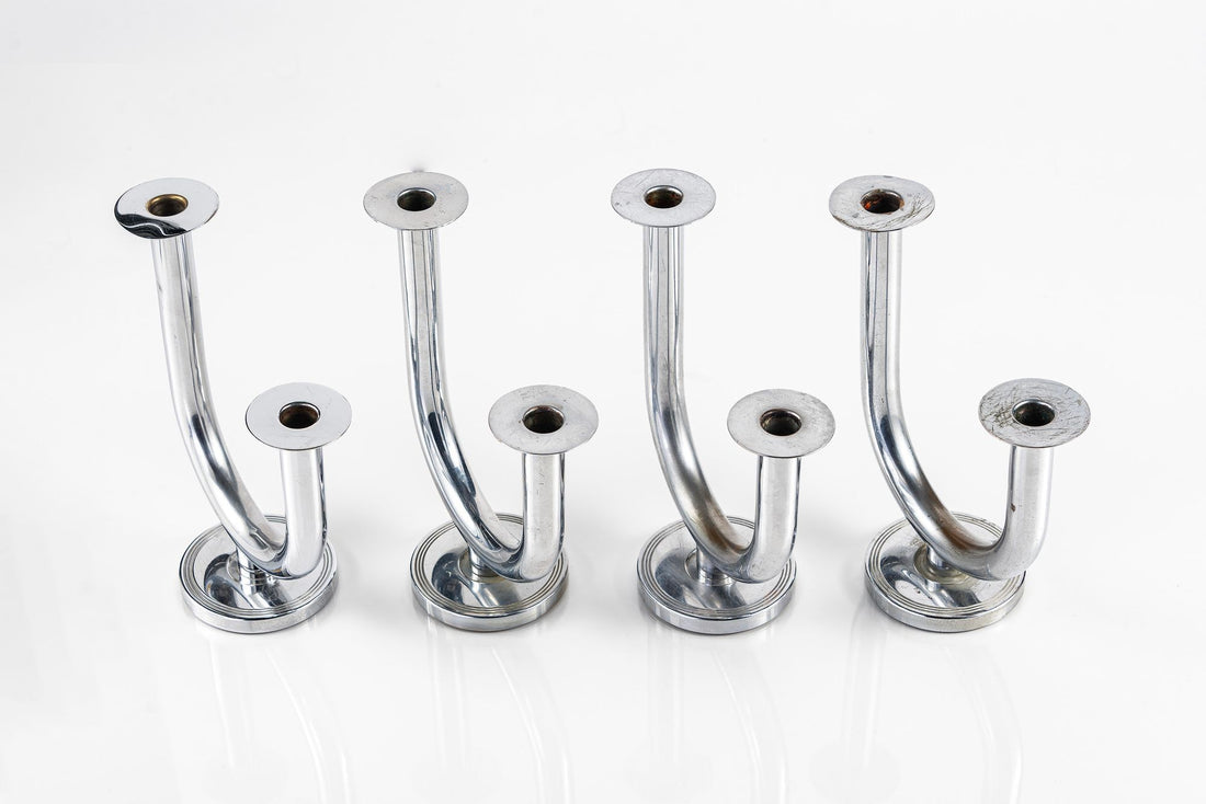 Antique Art Deco Taurex Chrome Candlestick Holders by Walter Von Nessen for Chase