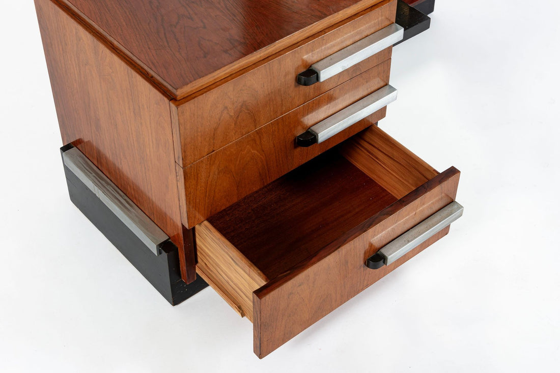 Antique Art Deco Wood Vanity Mirror & Stool by Donald Deskey for Widdicomb 1930s