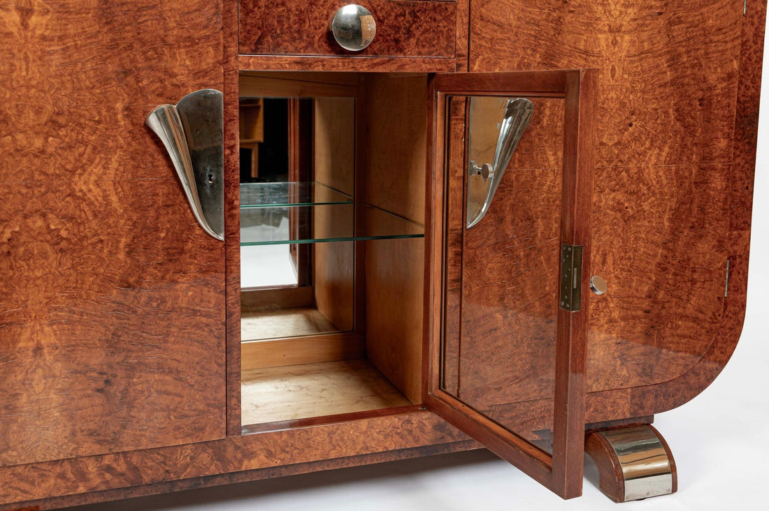 French Art Deco Amboyna Burl Sideboard or Bar Cabinet with Marble Top, Circa 1930