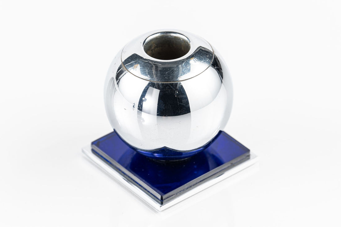Art Deco Chrome and Cobalt Blue Candleholders by Walter von Nessen for Chase, 1930s