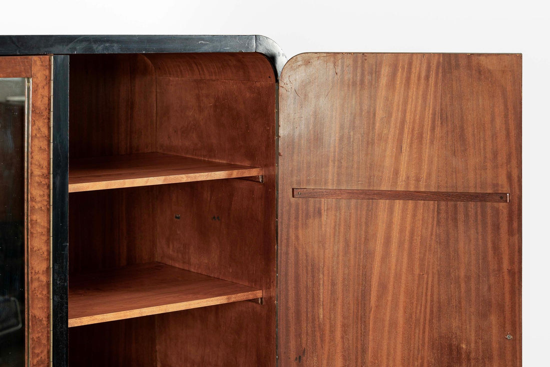 Antique Art Deco Maple Wood Mirrored Armoire Cabinet 1930s