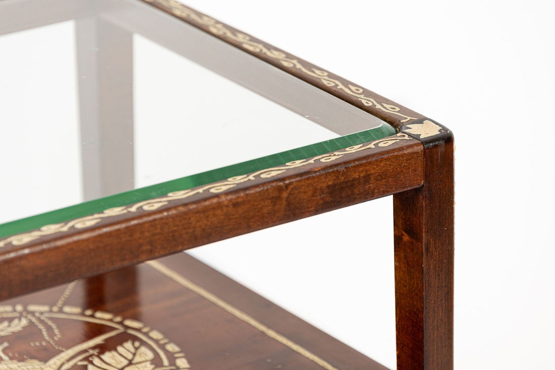 Antique French Art Nouveau Small Handpainted Mahogany Wood & Glass Side Table