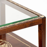 Antique French Art Nouveau Small Handpainted Mahogany Wood & Glass Side Table