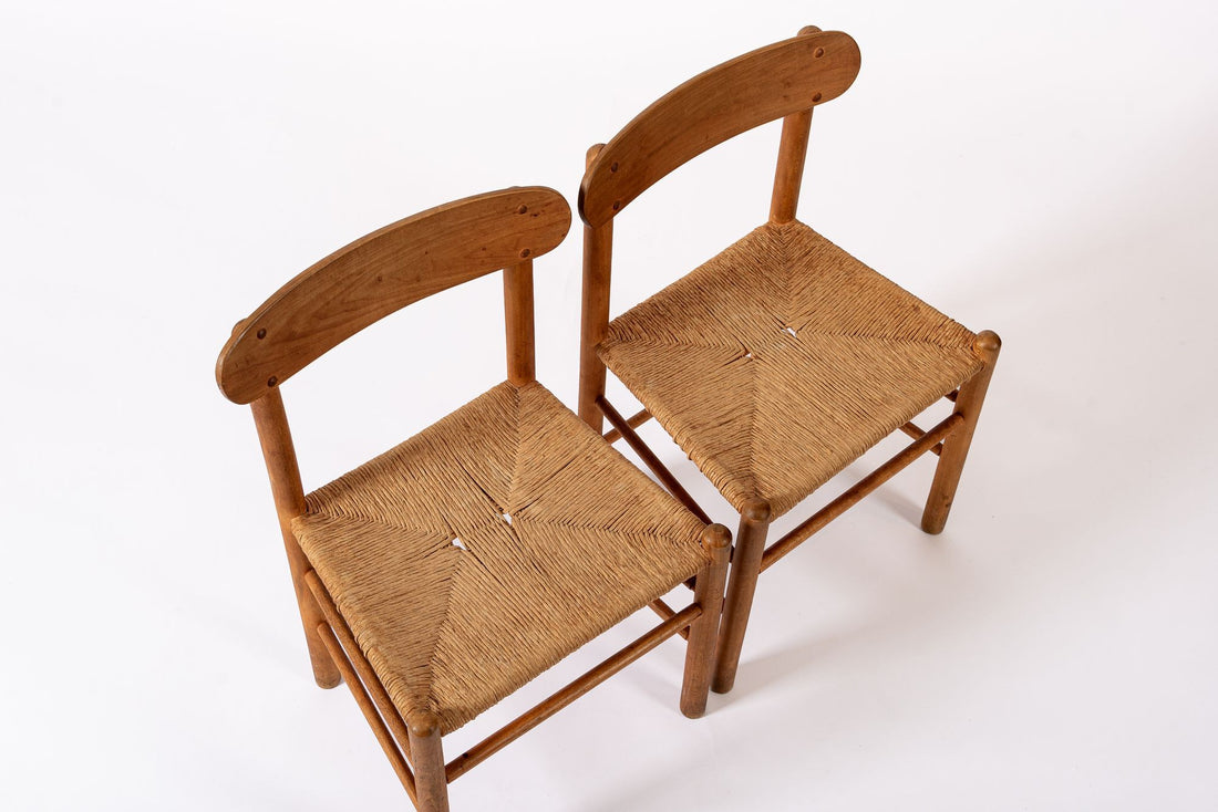 Mid Century Danish Wood & Rush Wicker Dining Chairs