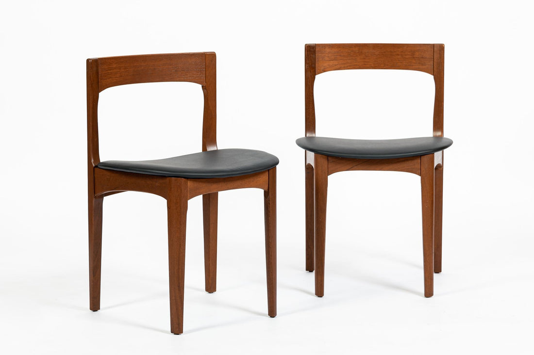 Mid Century Danish Teak Wood & Black Vinyl Dining Chairs, Set of 4
