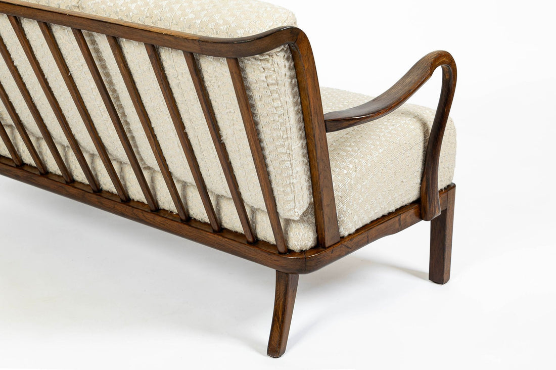 Danish Modern Solid Walnut Spindle Back Sofa in Schumacher Fabric, Circa 1960