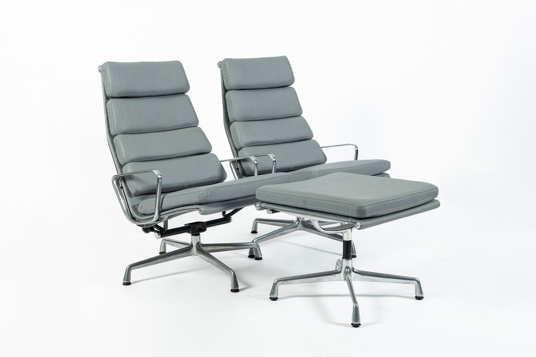 Pair Eames Soft Pad Recliners with Ottoman for Herman Miller, Gray Leather Aluminum Group