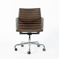 Set of 4 Eames Herman Miller Office Chairs, Brown Leather Thin Pad Aluminum Group
