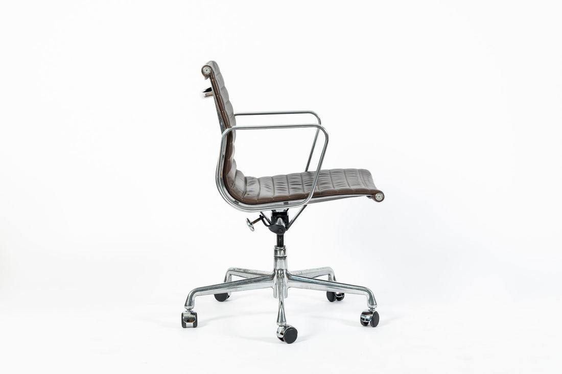 Eames Herman Miller Brown Leather Aluminum Group Thin Pad Desk Chair, 2008