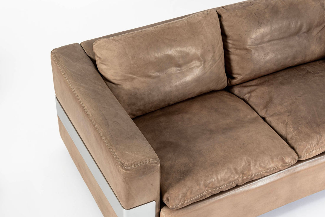 Mid Century German Distressed Brown Leather Sofa in the Style of Robert Haussmann