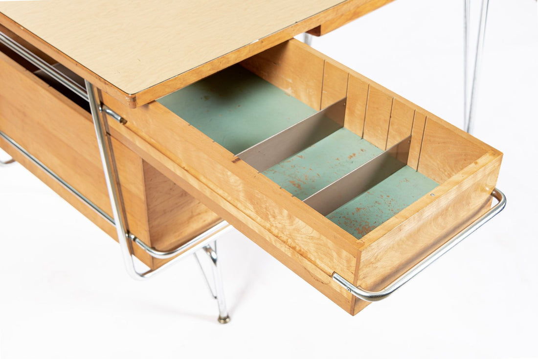 Kem Weber Trimline Desk for Heywood Wakefield, Mid Century Modern Birch and Chrome Office Desk, 1950s