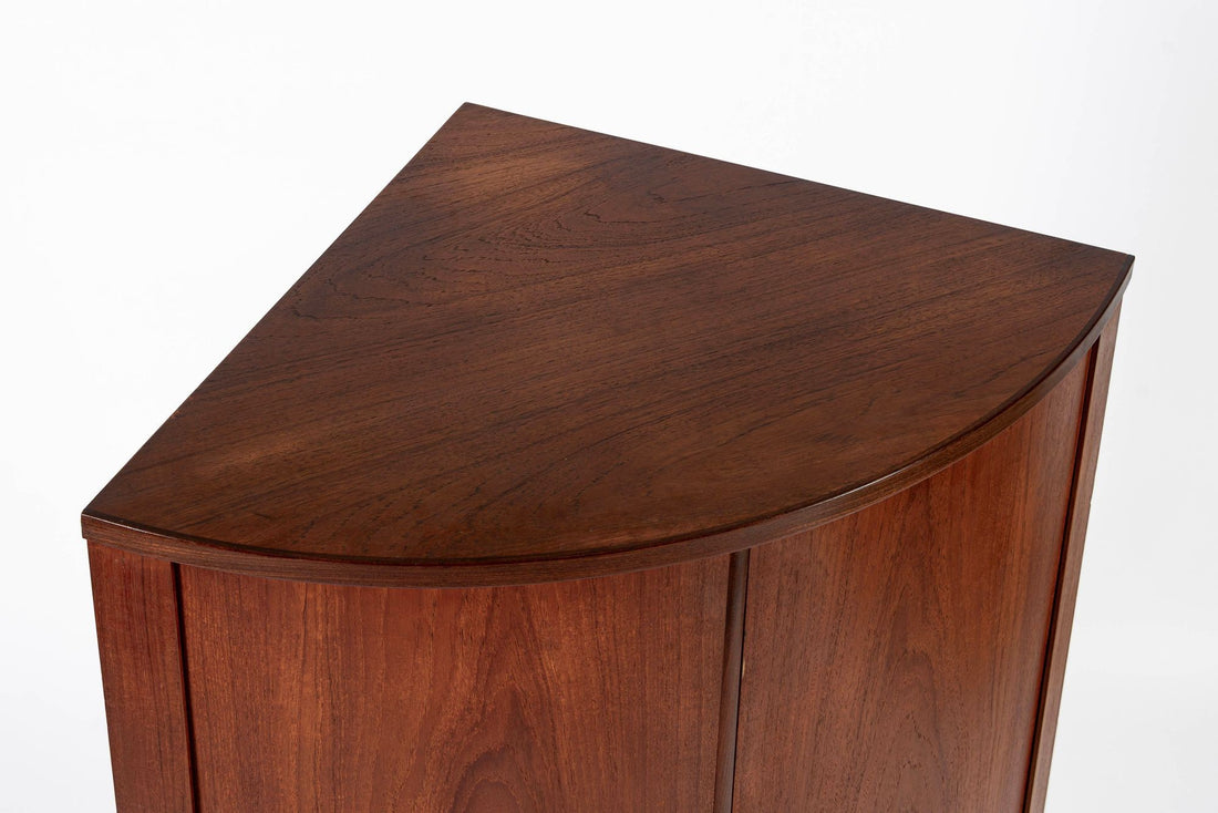 Mid Century Danish Modern Teak Corner Cabinet with Pivoting Drawers