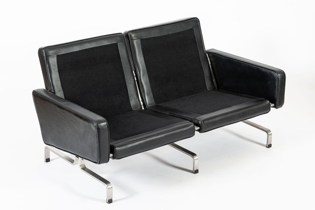 Vintage Postmodern Black Leather & Brushed Steel Loveseat Sofa, 1980s