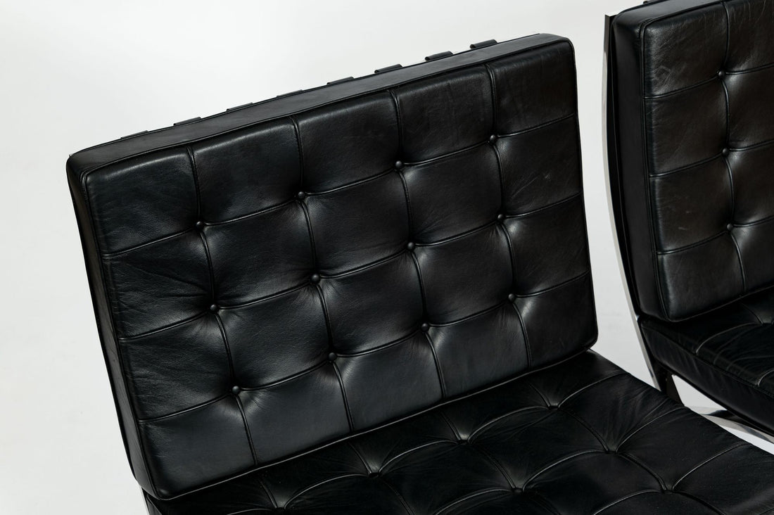 Pair Mid Century Black Leather Barcelona Chairs by Mies van der Rohe for Knoll, 1977