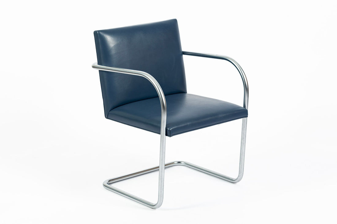 Mid Century Modern Blue Leather Brno Arm Chairs by Mies van der Rohe for Knoll, Set of 4